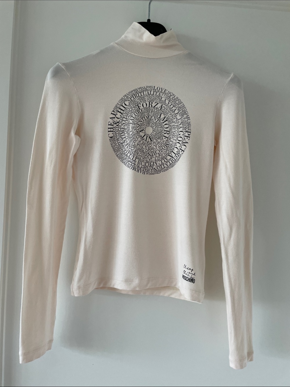 Moschino Off White Long-Sleeve Turtleneck with Circular Typographic Graphic